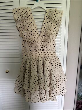 Line & Dot Beige Polka Dot Ruffle Mini Dress